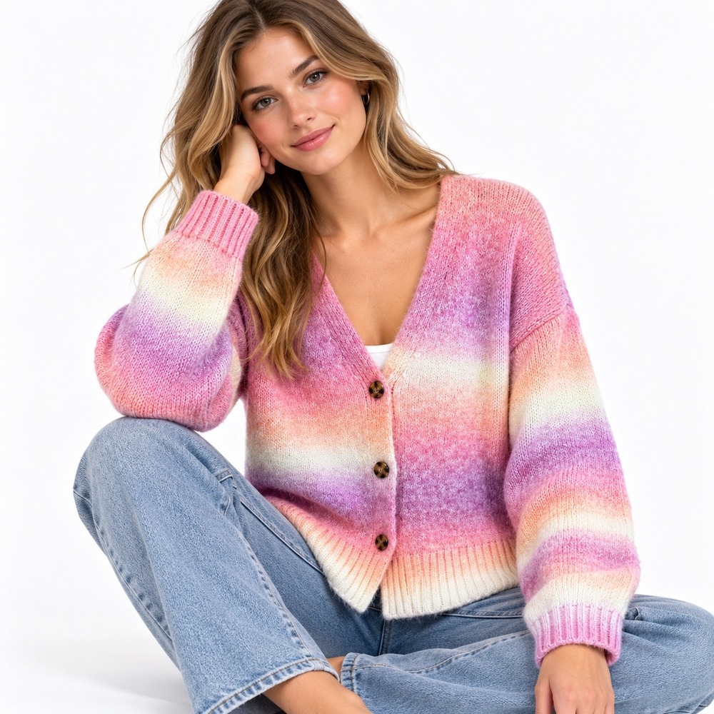 SO Goods Oversized Large Pink Purple Ombre Knit Button Front Cardigan Sweater